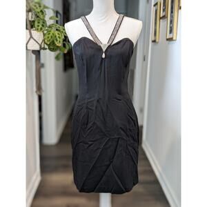 Vtg Dave & Johnny Cocktail Dress Size 7 / 8 Black Midi Corset Rhinestone Halter